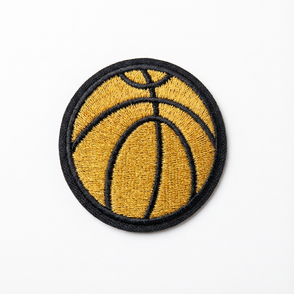 Basketball patch with gold ball and black outline on a white background
