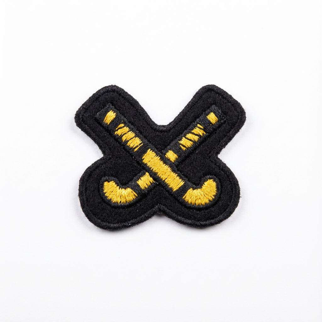 Black and yellow embroidered patch on a white background