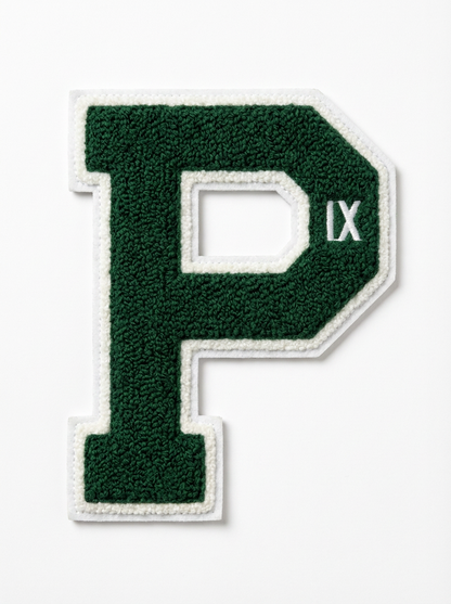 Green letter 'P' patch with 'IX' on a white background