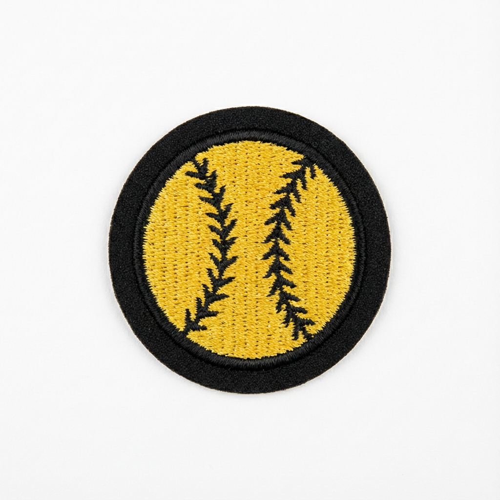 Embroidered patch of a softball with yellow background and black stitching on a white background
