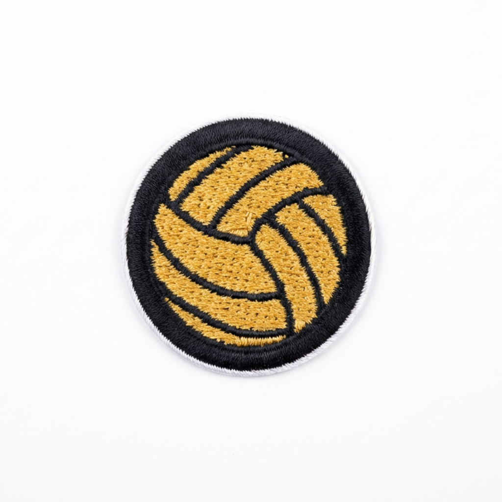 Patch of a yellow volleyball on a black border against a white background